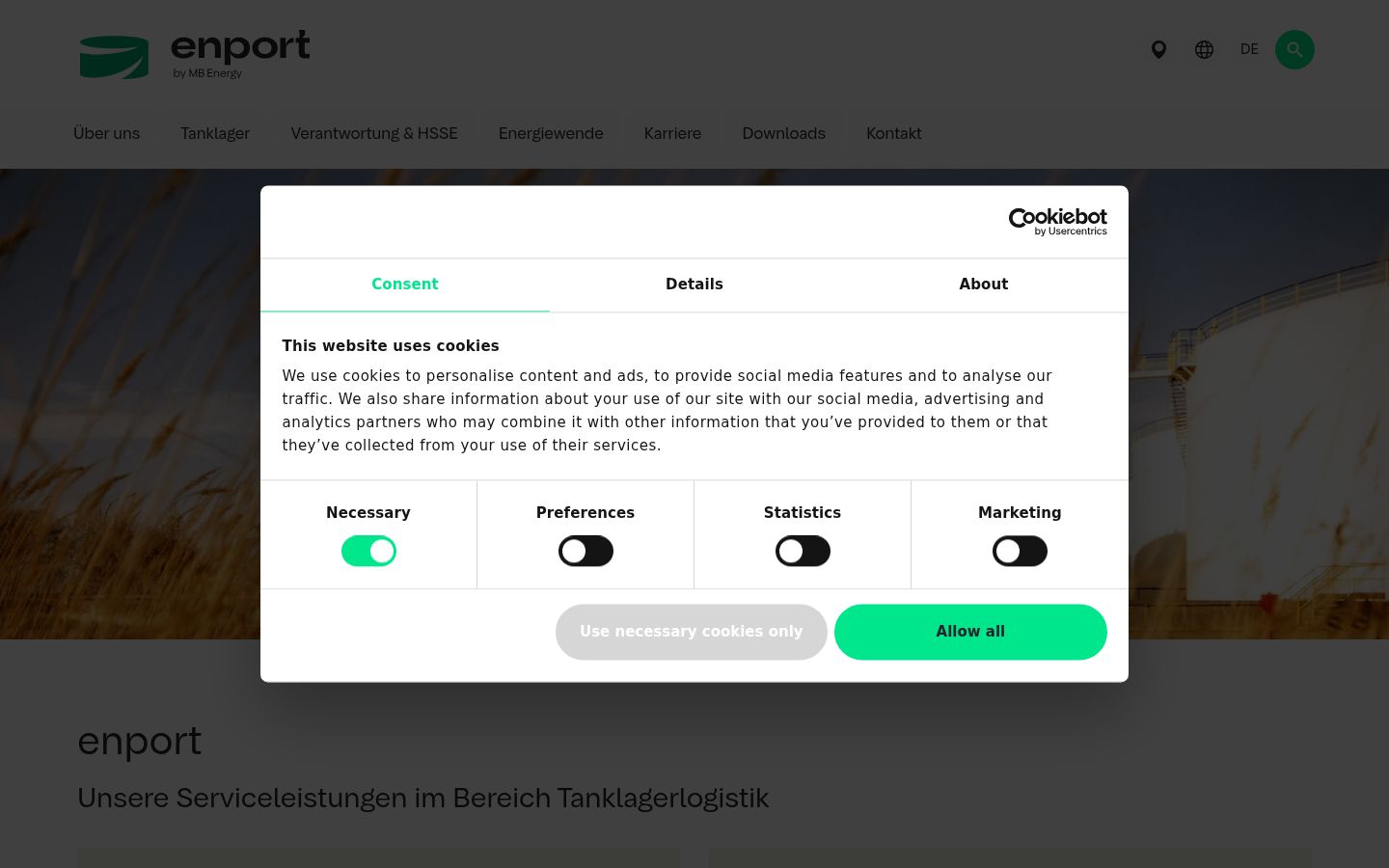 Captura de ecrã do banner de consentimento apresentado antes de qualquer interação