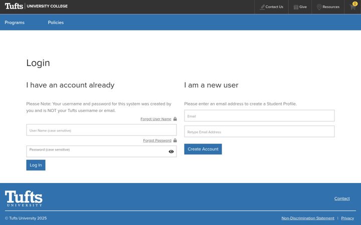Screenshot of enroll.tufts.edu