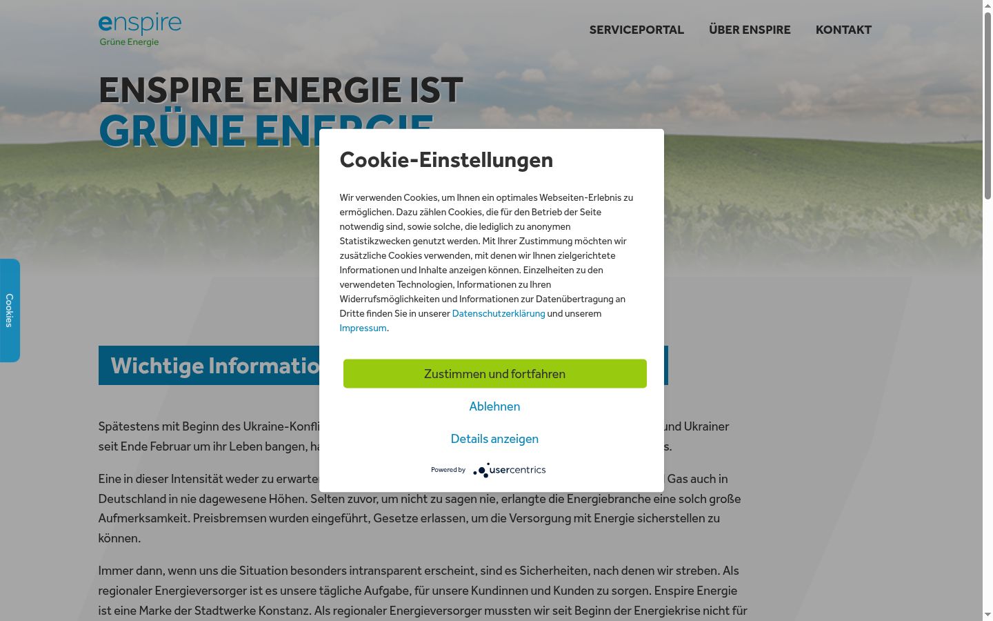 Screenshot des Einwilligungsbanners vor jeglicher Interaktion