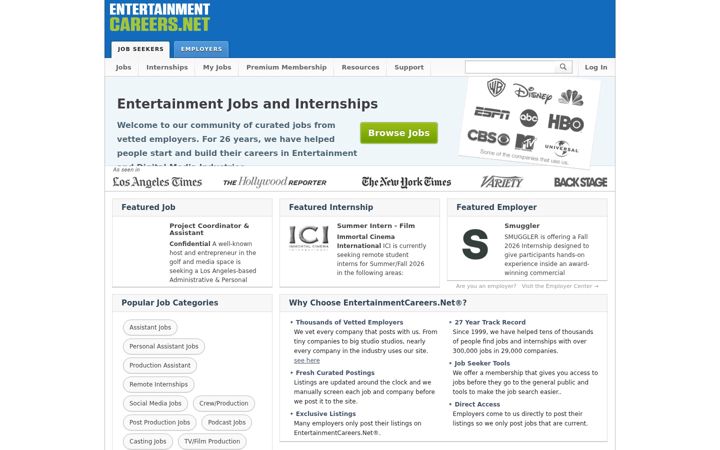 Screenshot of entertainmentcareers.net