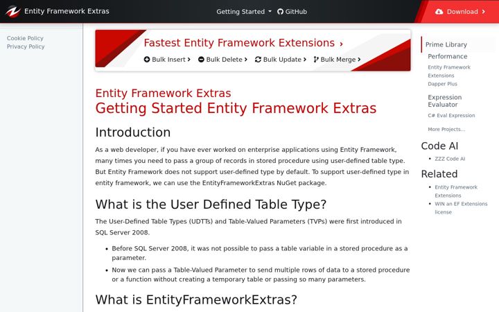 Captura de ecrã de entityframework-extras.net