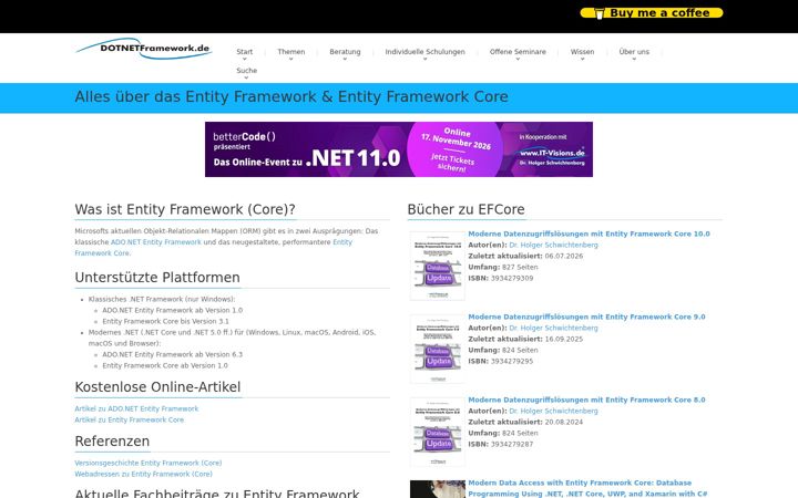 Captura de ecrã de entityframeworkcore.net