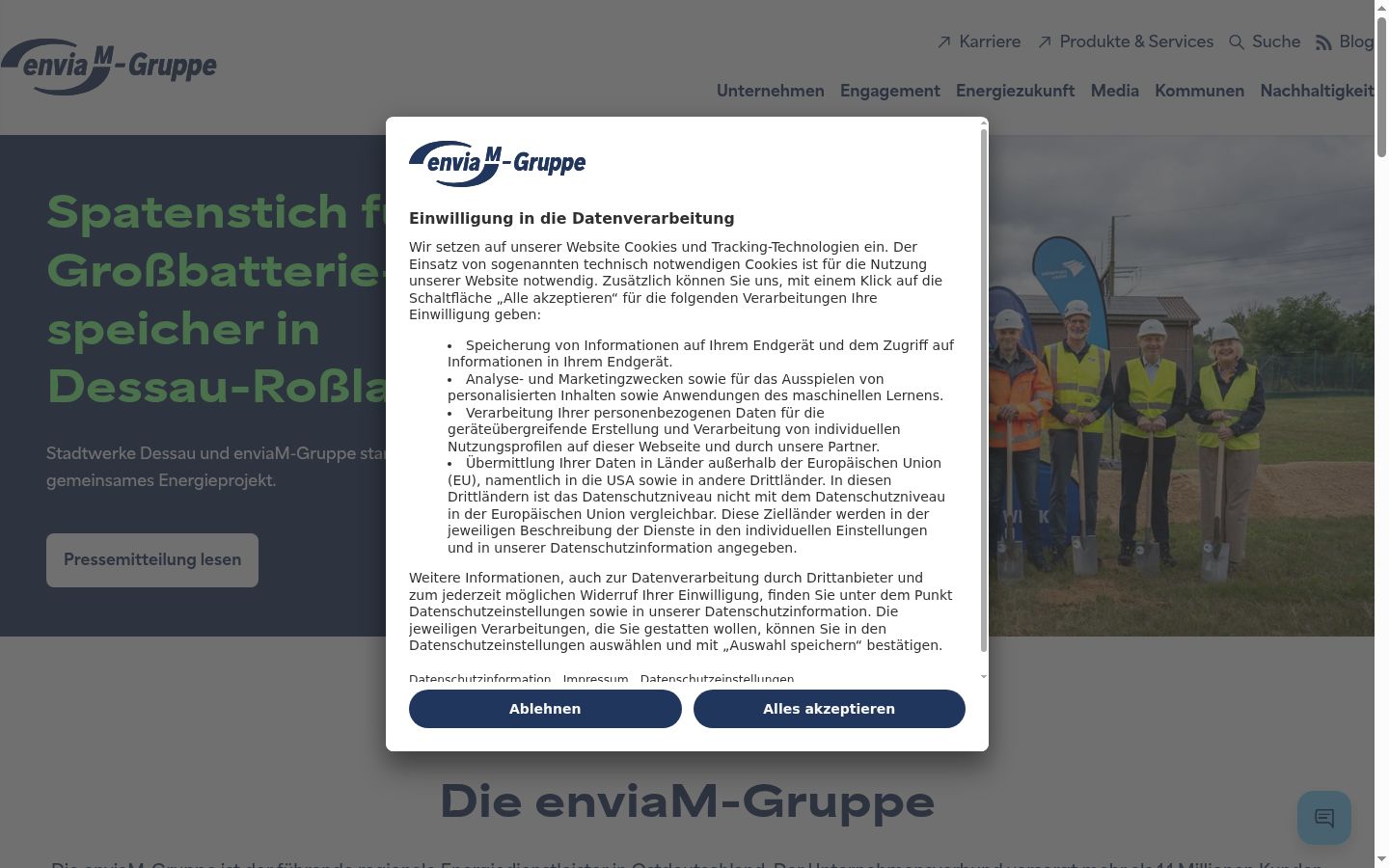 Screenshot des Einwilligungsbanners vor jeglicher Interaktion