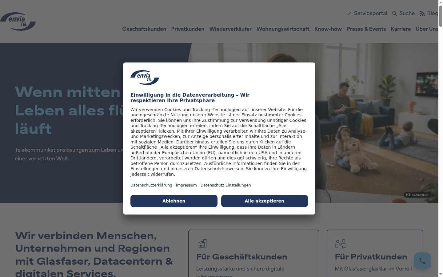 Screenshot des Einwilligungsbanners vor jeglicher Interaktion