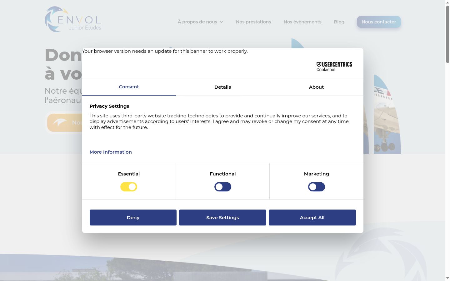 Screenshot del banner di consenso mostrato prima di qualsiasi interazione