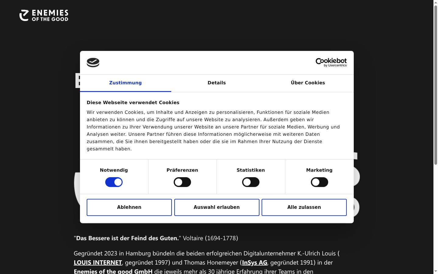 Screenshot des Einwilligungsbanners vor jeglicher Interaktion