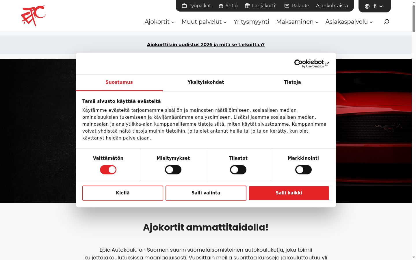 Ekrānuzņēmums ar piekrišanas baneri, kas tika rādīts pirms jebkādas mijiedarbības