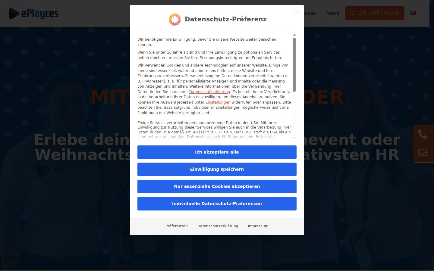 Screenshot des Einwilligungsbanners vor jeglicher Interaktion