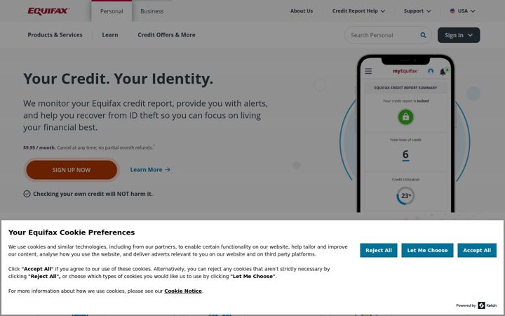 Captura de ecrã de equifax.com