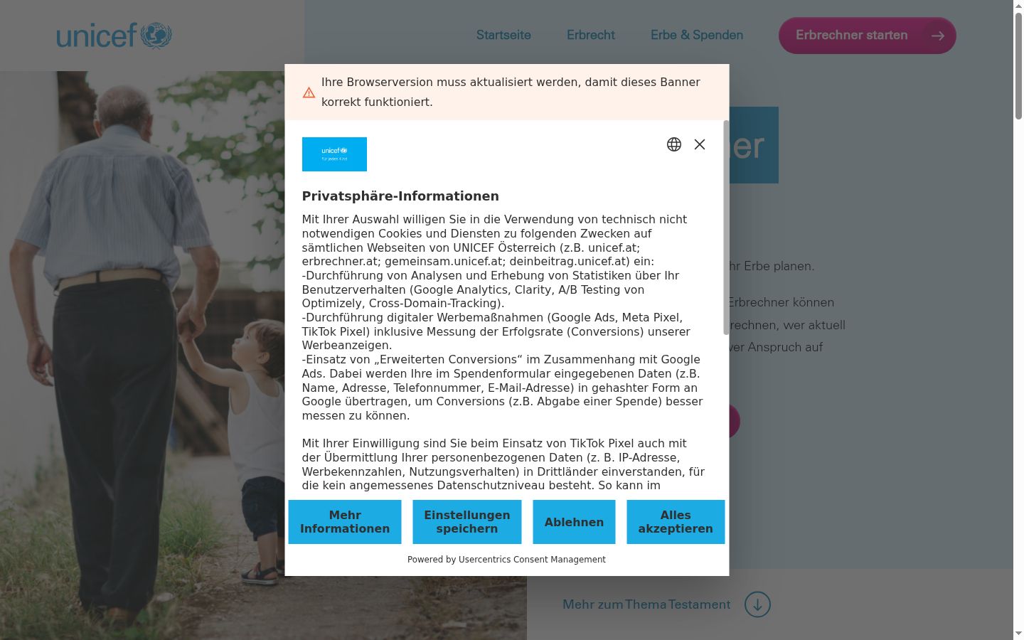 Screenshot des Einwilligungsbanners vor jeglicher Interaktion