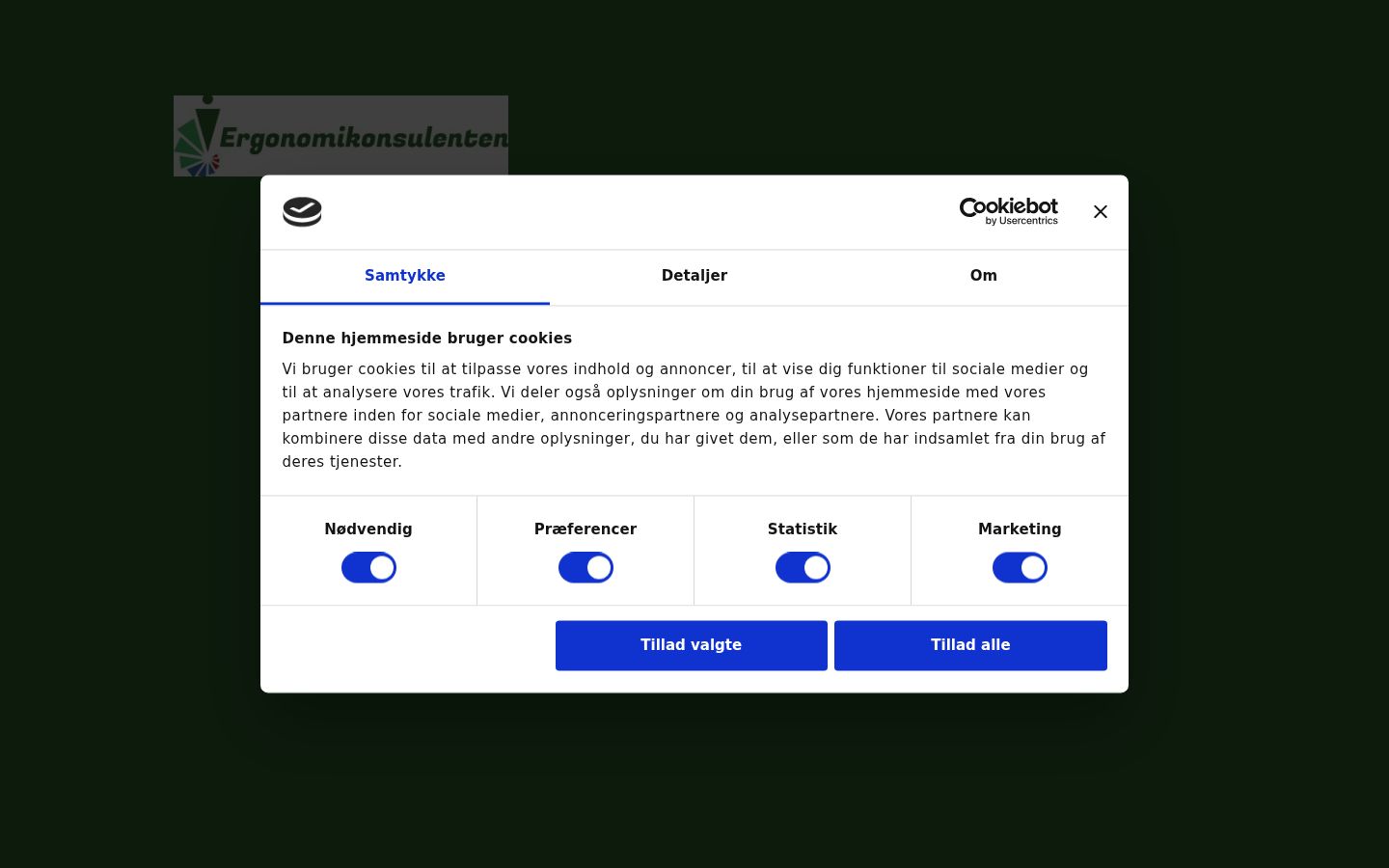 Skærmbillede af samtykkebanneret, som det blev vist før nogen interaktion