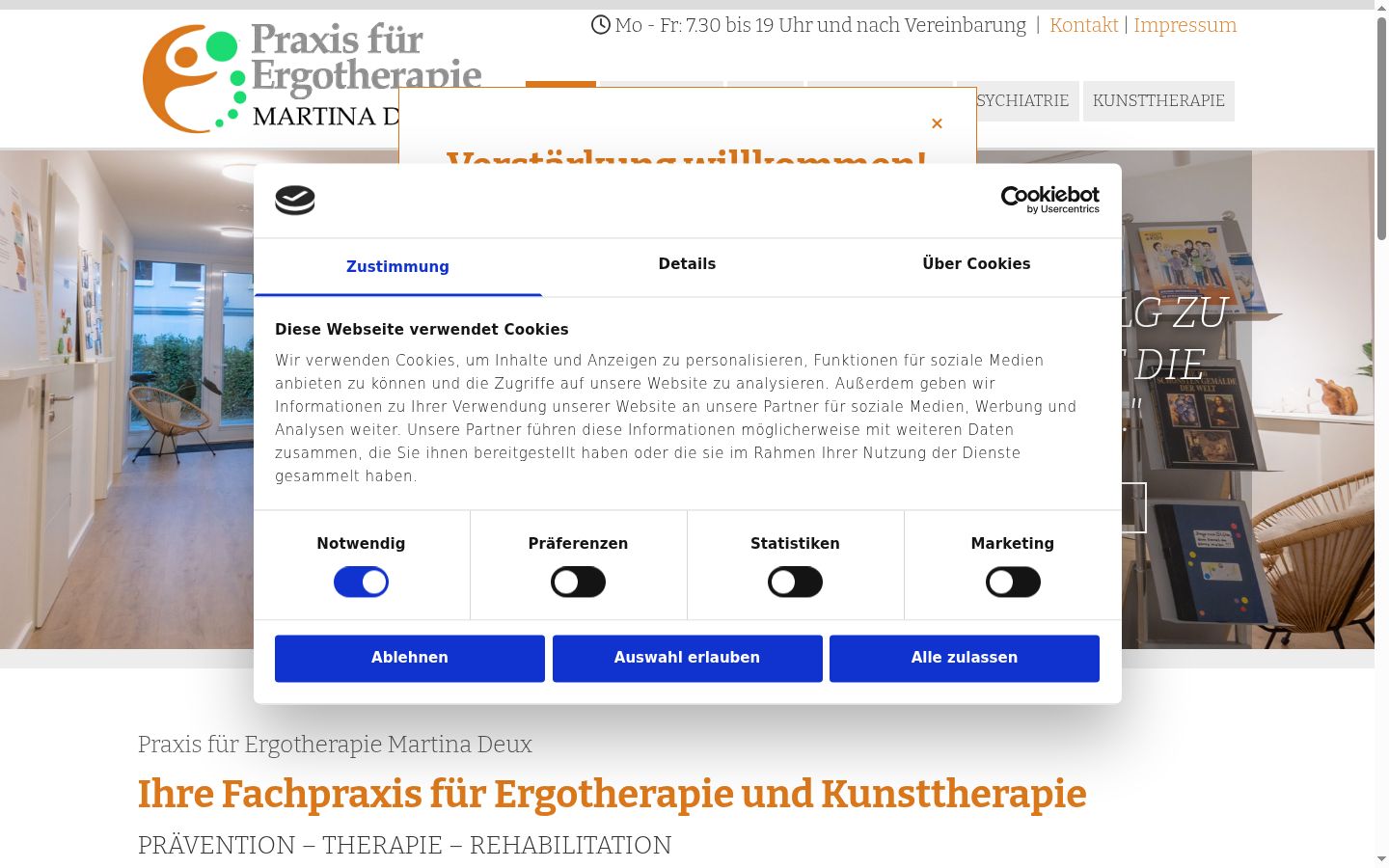 Screenshot des Einwilligungsbanners vor jeglicher Interaktion