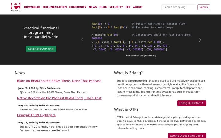 Екранна снимка на erlang.org