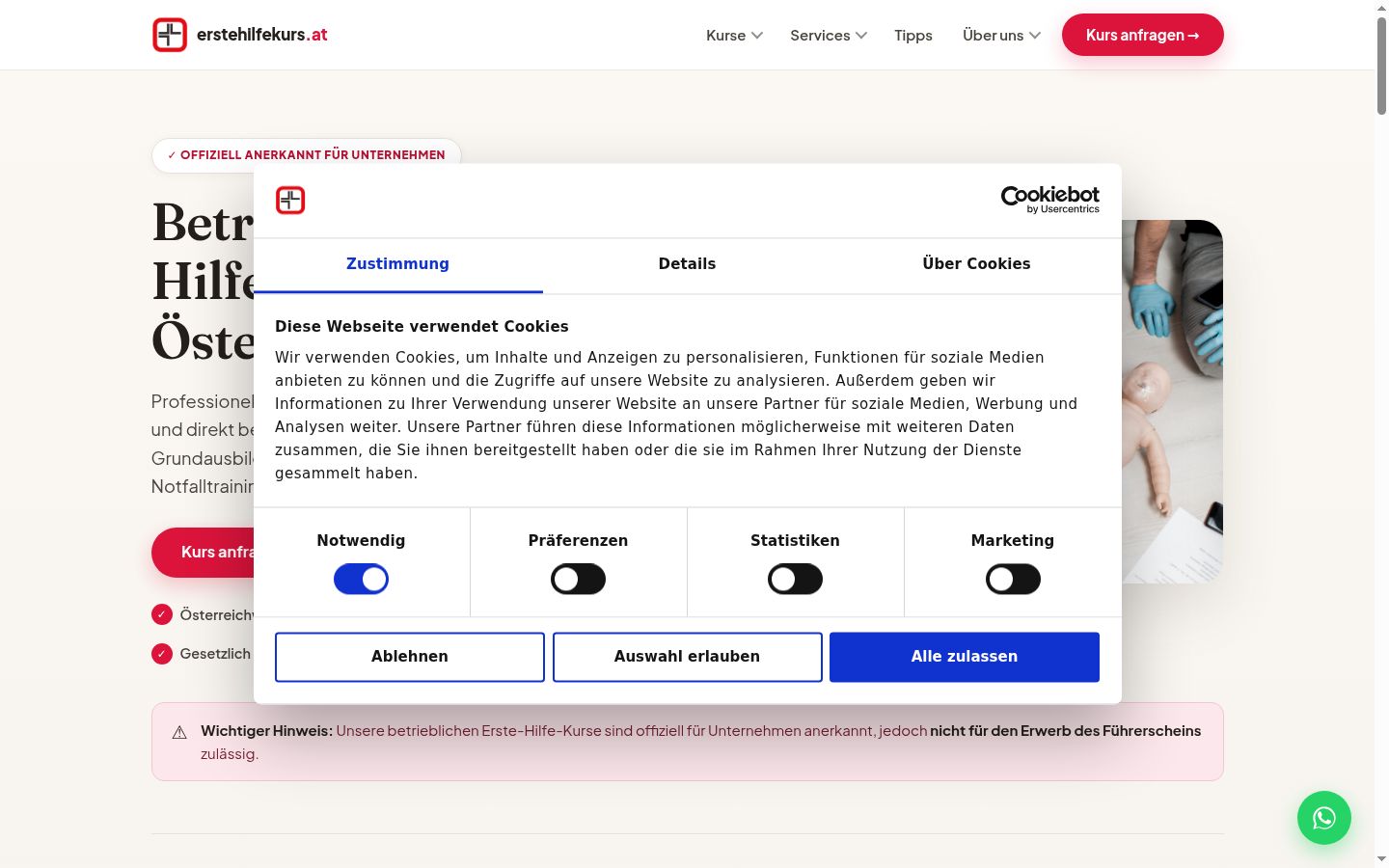 Screenshot del banner di consenso mostrato prima di qualsiasi interazione