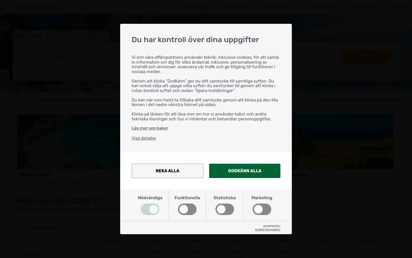 Skärmbild av samtyckesbannern som visades före någon interaktion