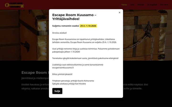 Екранна снимка на escaperoomkuusamo.fi