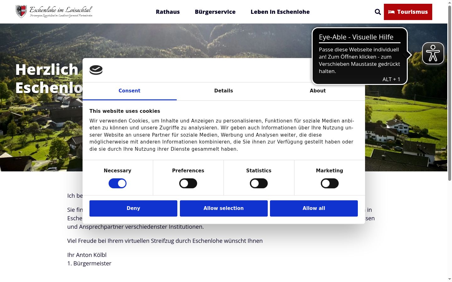 Captura de ecrã do banner de consentimento apresentado antes de qualquer interação