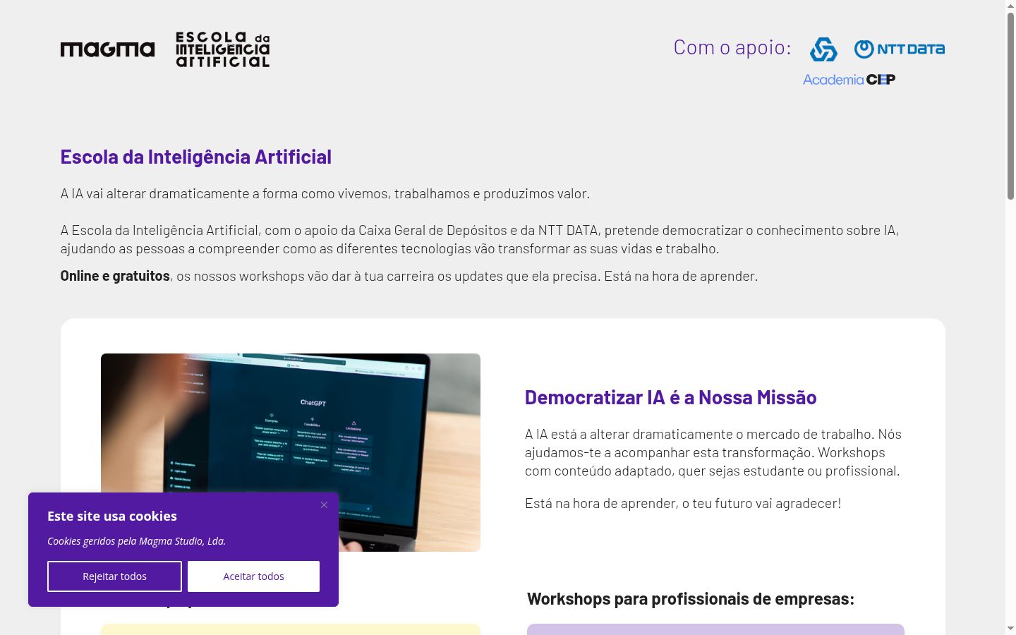 Captura de ecrã do banner de consentimento apresentado antes de qualquer interação