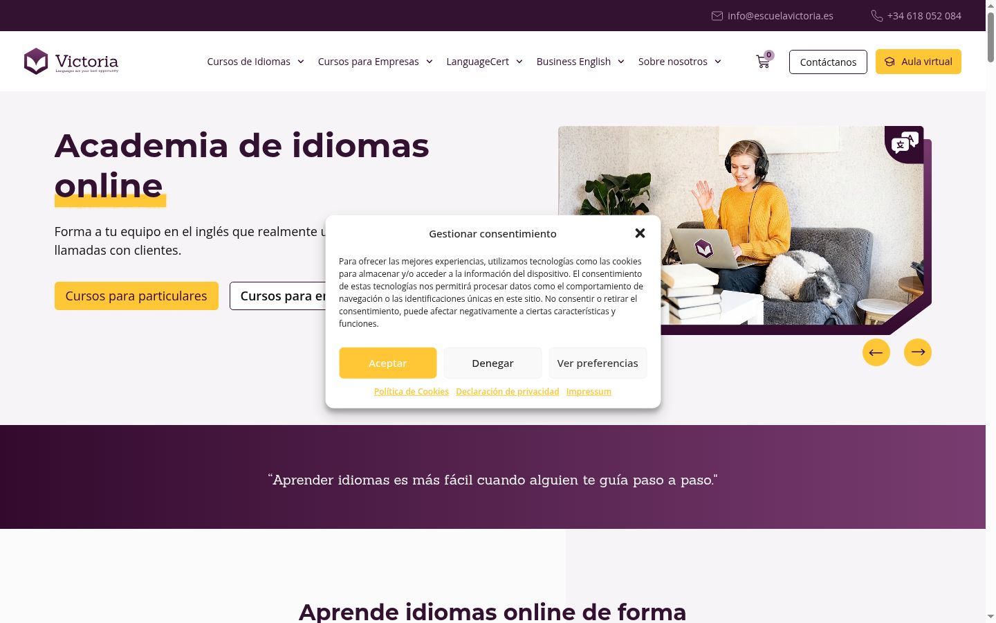 Captura de pantalla del banner de consentimiento mostrado antes de cualquier interacción