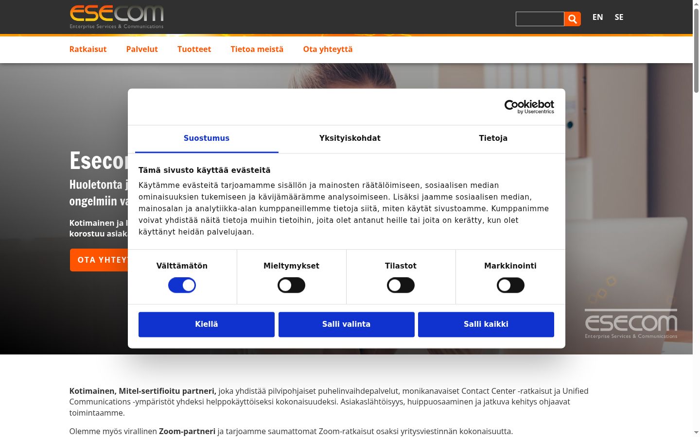 Kuvakaappaus suostumusbannerista, joka näytettiin ennen mitään vuorovaikutusta