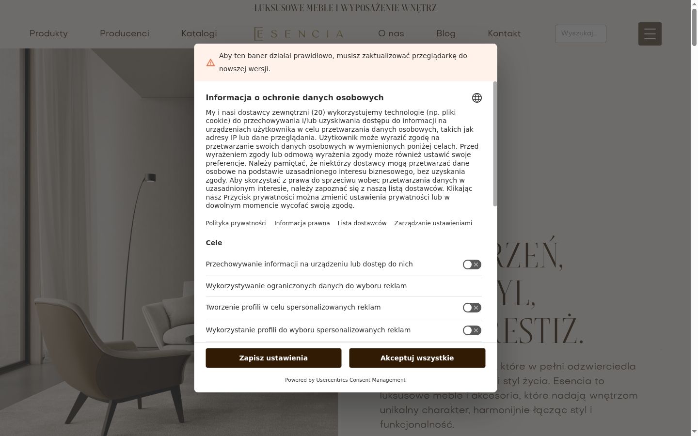 Captura de ecrã do banner de consentimento apresentado antes de qualquer interação