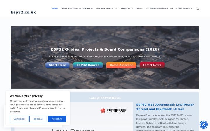 Skærmbillede af esp32.co.uk