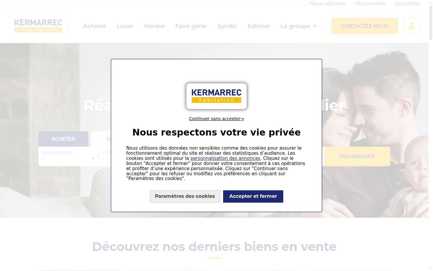 Capture d'écran de la bannière de consentement affichée avant toute interaction