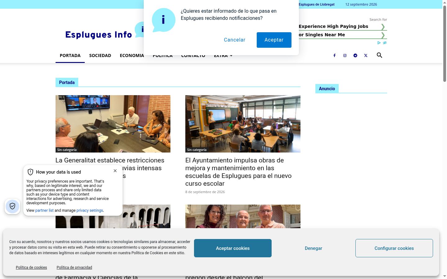 Captura de ecrã do banner de consentimento apresentado antes de qualquer interação