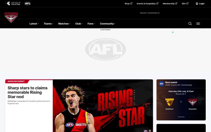 Екранна снимка на essendonfc.com.au