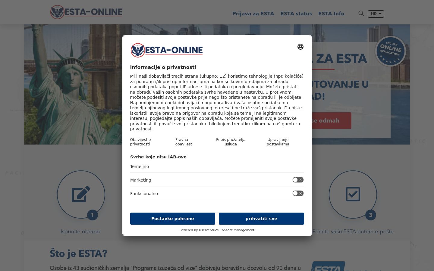 Snimka zaslona bannera za privolu prikazanog prije bilo kakve interakcije