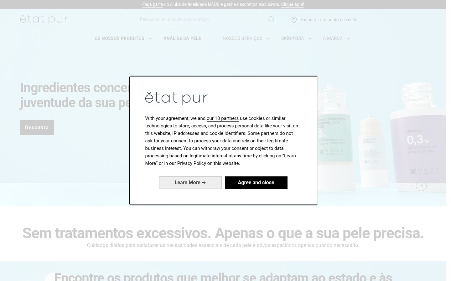 Captura de pantalla del banner de consentimiento mostrado antes de cualquier interacción