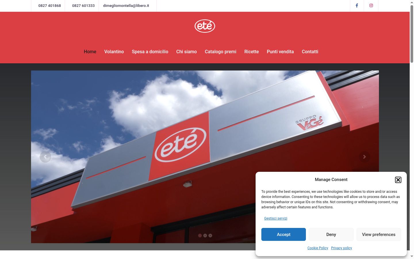 Screenshot del banner di consenso mostrato prima di qualsiasi interazione