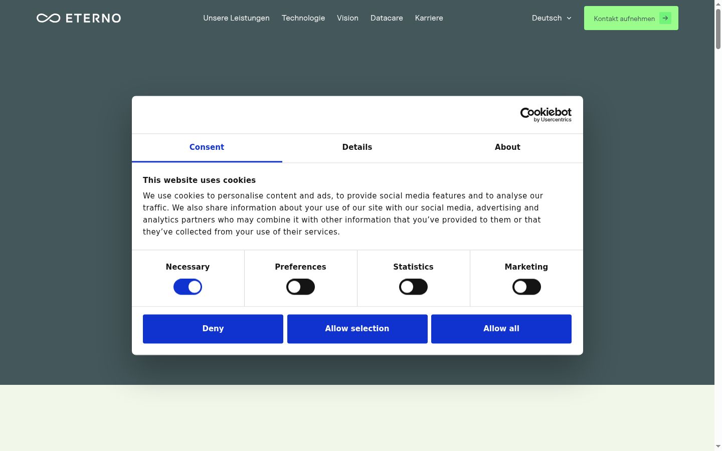 Screenshot del banner di consenso mostrato prima di qualsiasi interazione