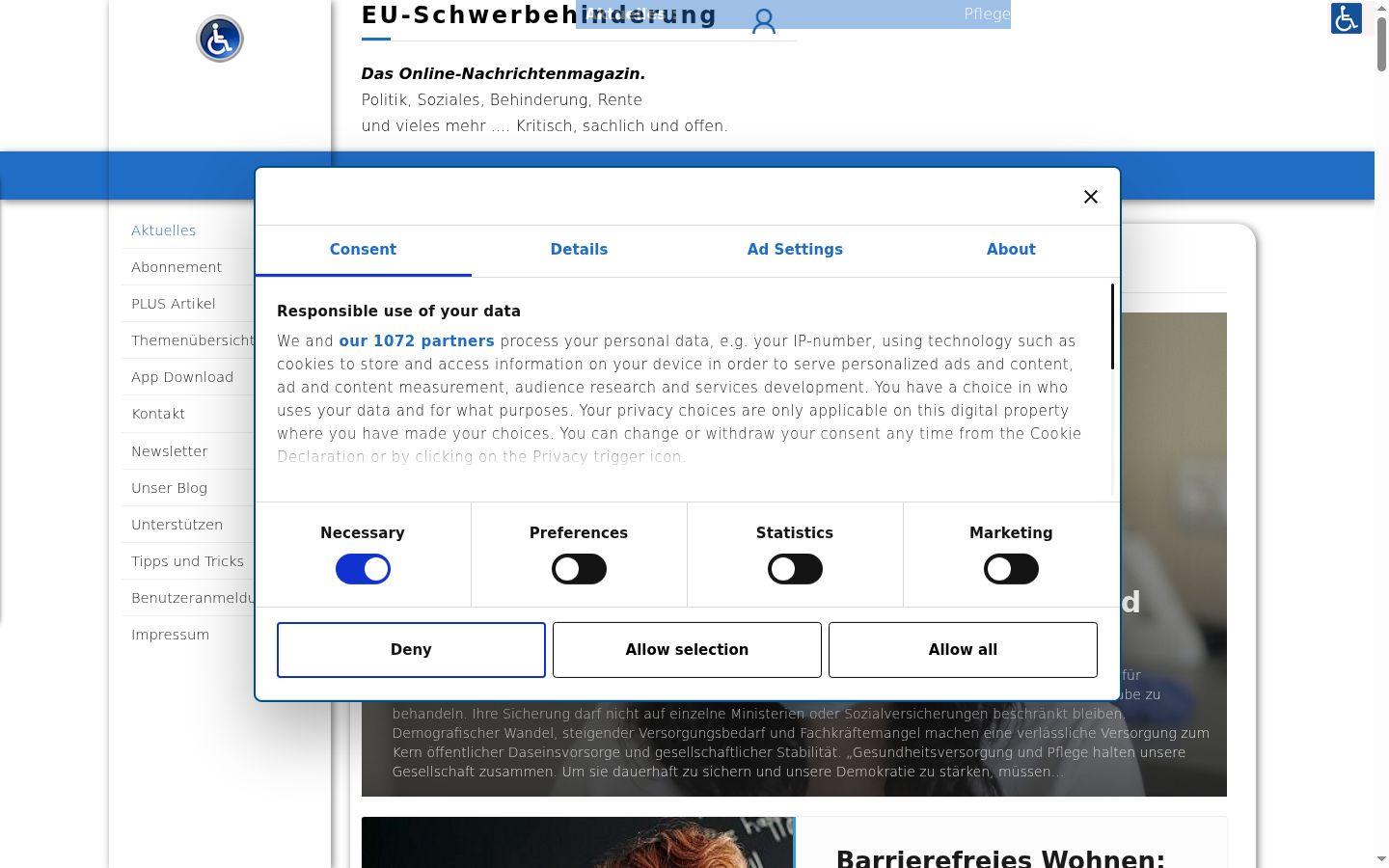 Screenshot του banner συγκατάθεσης που εμφανίστηκε πριν από οποιαδήποτε αλληλεπίδραση
