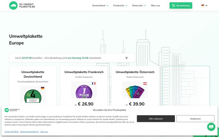Screenshot stránky eu-umweltplakette.de