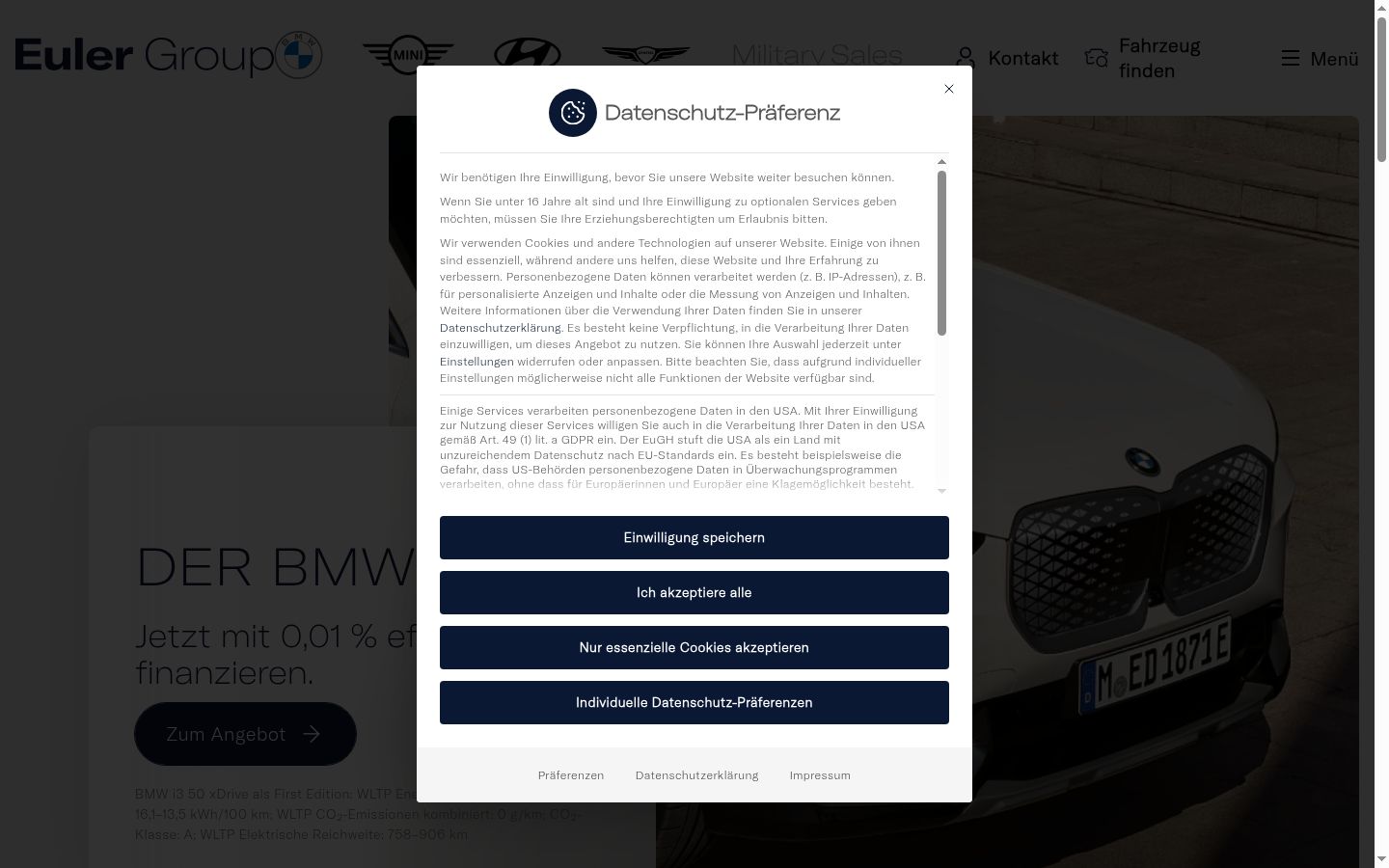 Screenshot des Einwilligungsbanners vor jeglicher Interaktion