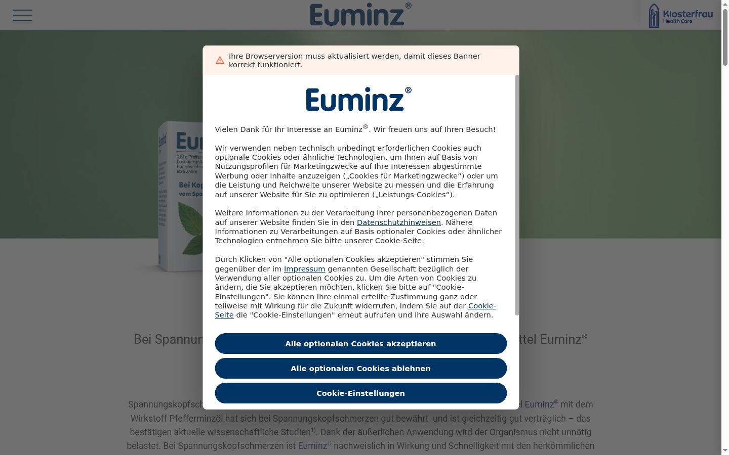Screenshot des Einwilligungsbanners vor jeglicher Interaktion