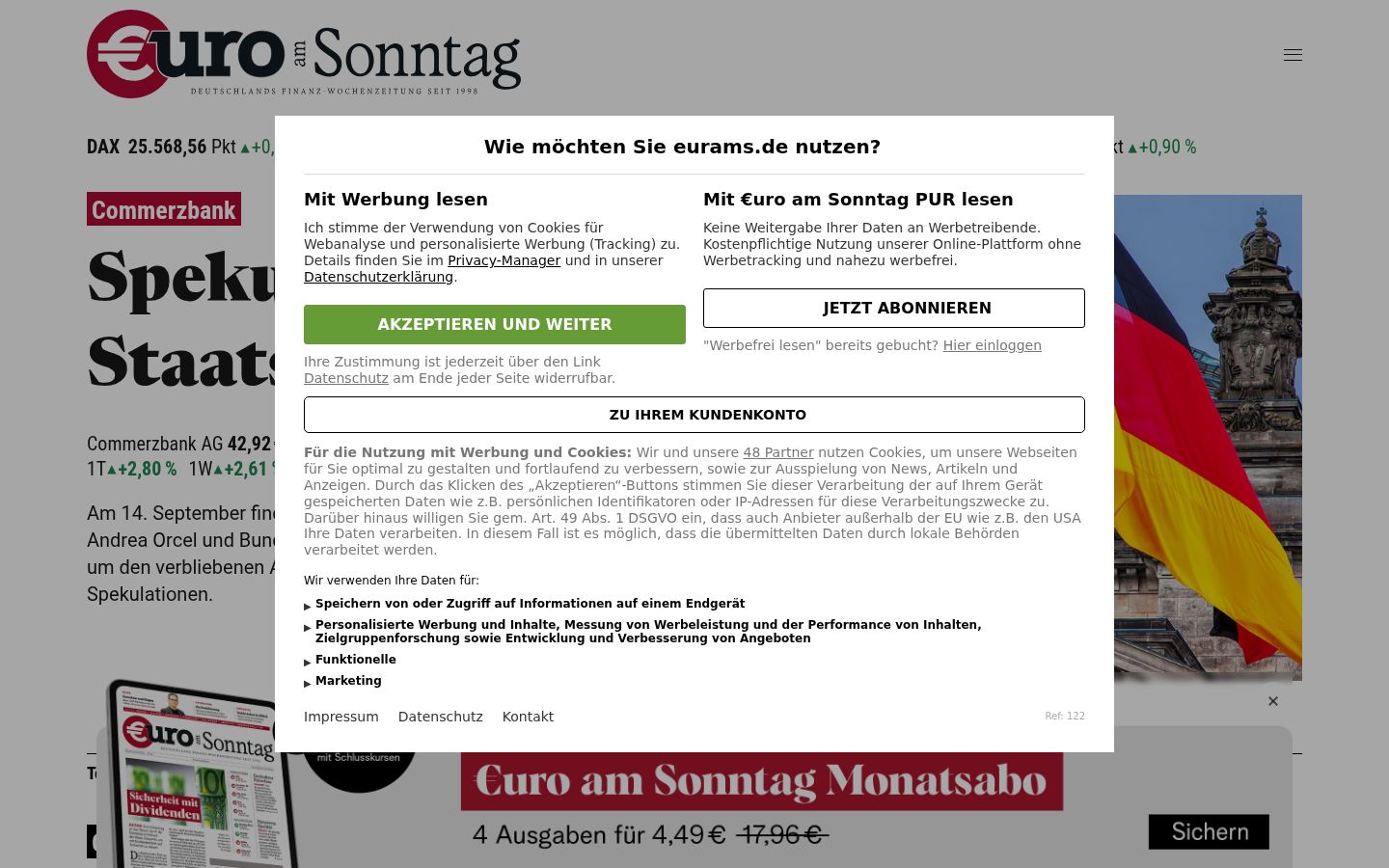 Screenshot des Einwilligungsbanners vor jeglicher Interaktion