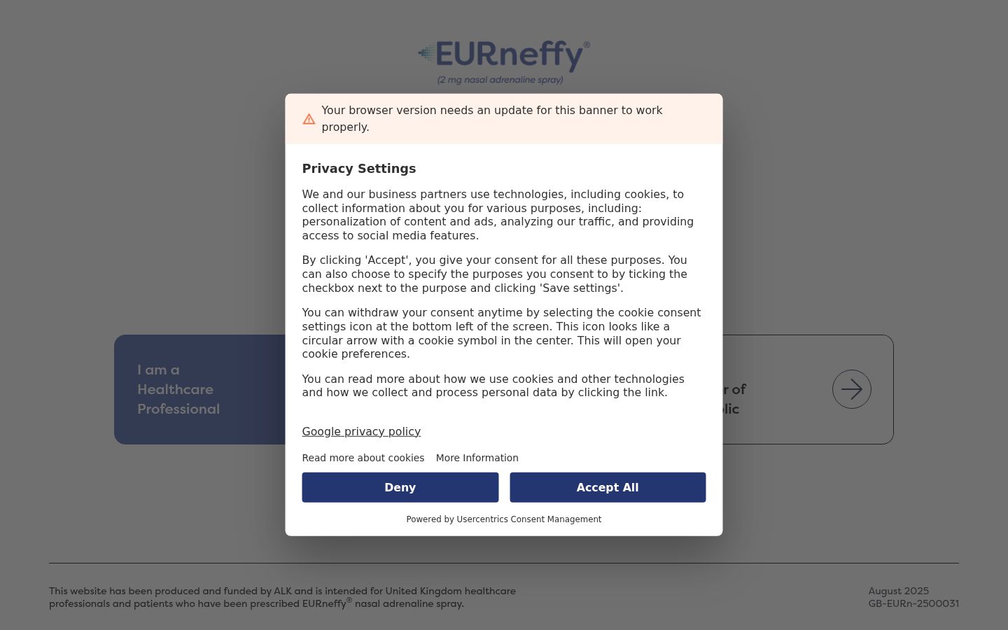 Screenshot del banner di consenso mostrato prima di qualsiasi interazione
