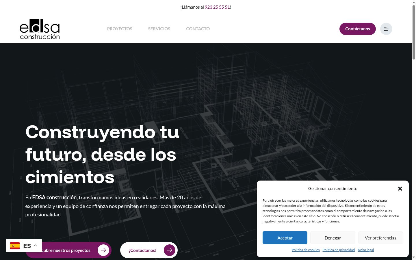 Captura de pantalla del banner de consentimiento mostrado antes de cualquier interacción