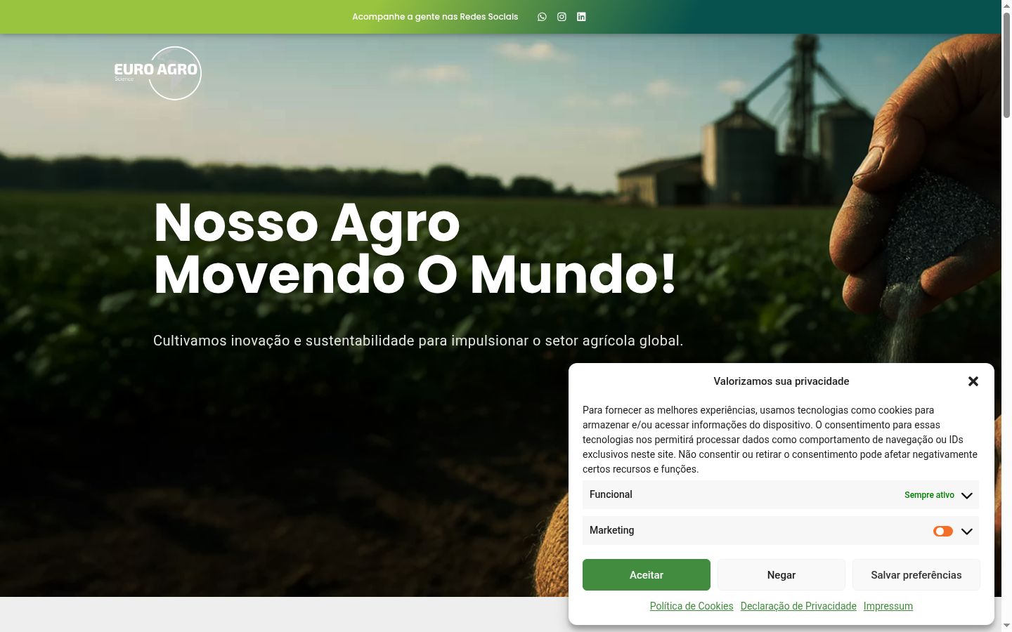 Captura de ecrã do banner de consentimento apresentado antes de qualquer interação