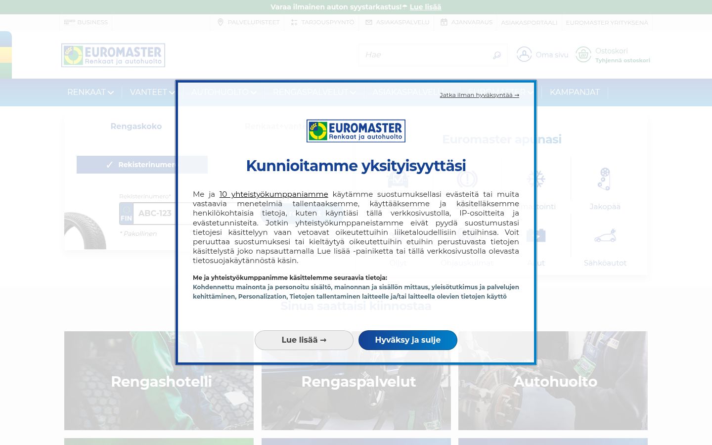 Ekrānuzņēmums ar piekrišanas baneri, kas tika rādīts pirms jebkādas mijiedarbības
