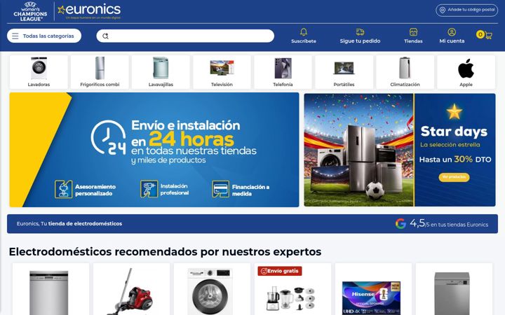 Captură de ecran a euronics.es