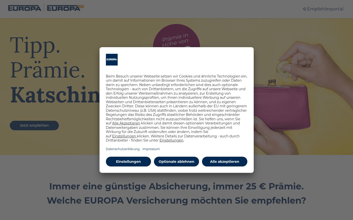 Screenshot des Einwilligungsbanners vor jeglicher Interaktion