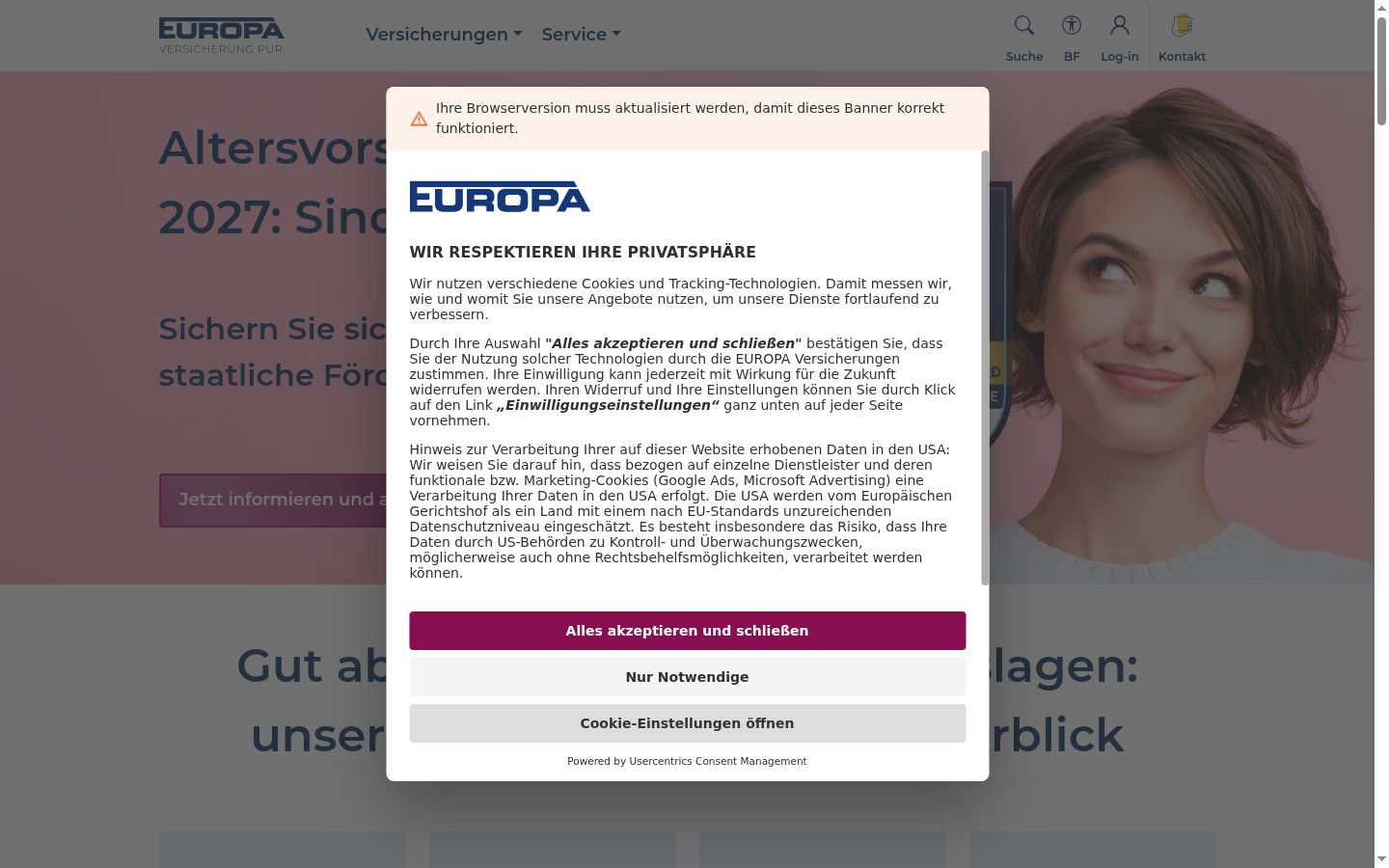 Screenshot del banner di consenso mostrato prima di qualsiasi interazione