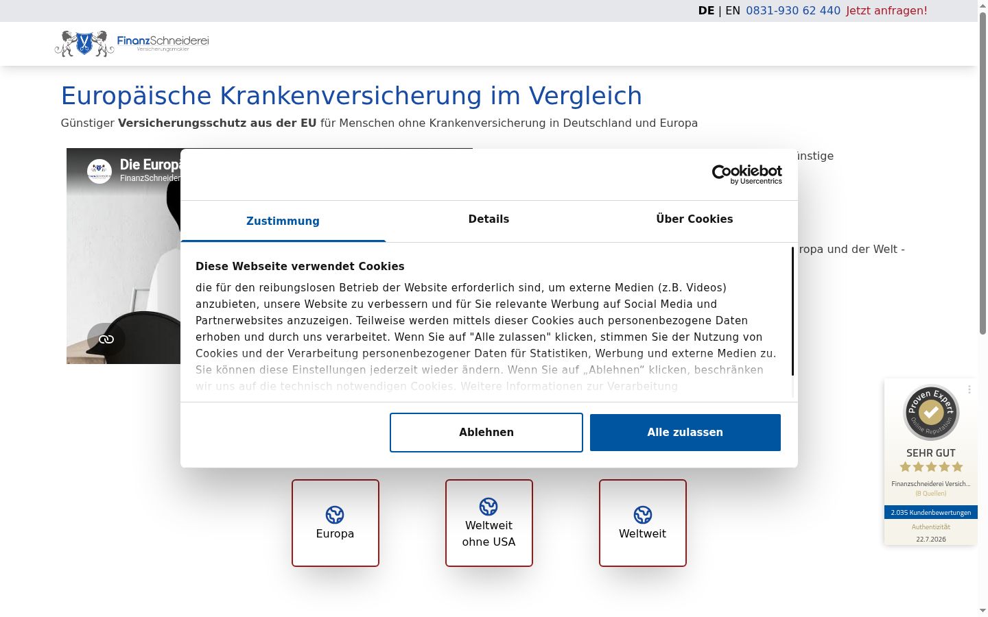 Screenshot des Einwilligungsbanners vor jeglicher Interaktion