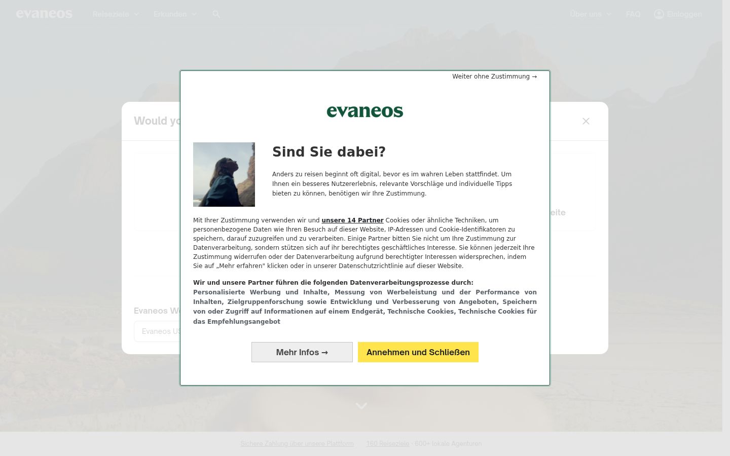 Screenshot des Einwilligungsbanners vor jeglicher Interaktion