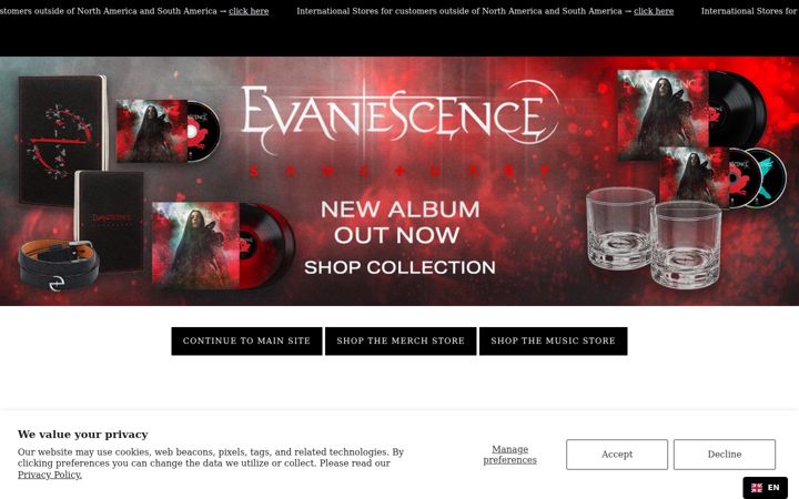 Screenshot of evanescencestore.com