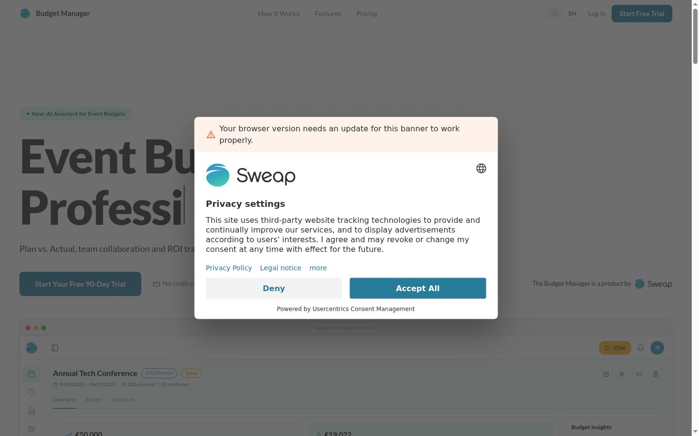Screenshot of the consent banner shown before any interaction