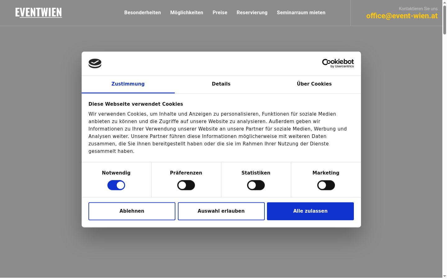 Screenshot des Einwilligungsbanners vor jeglicher Interaktion